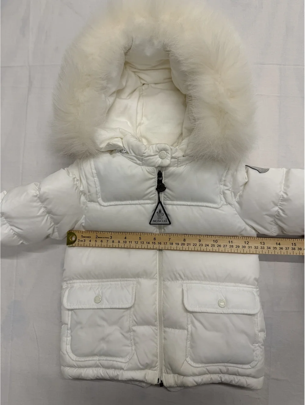 Moncler White Puffer Jacket with Fur Hood for Kids Size 18-24 Months